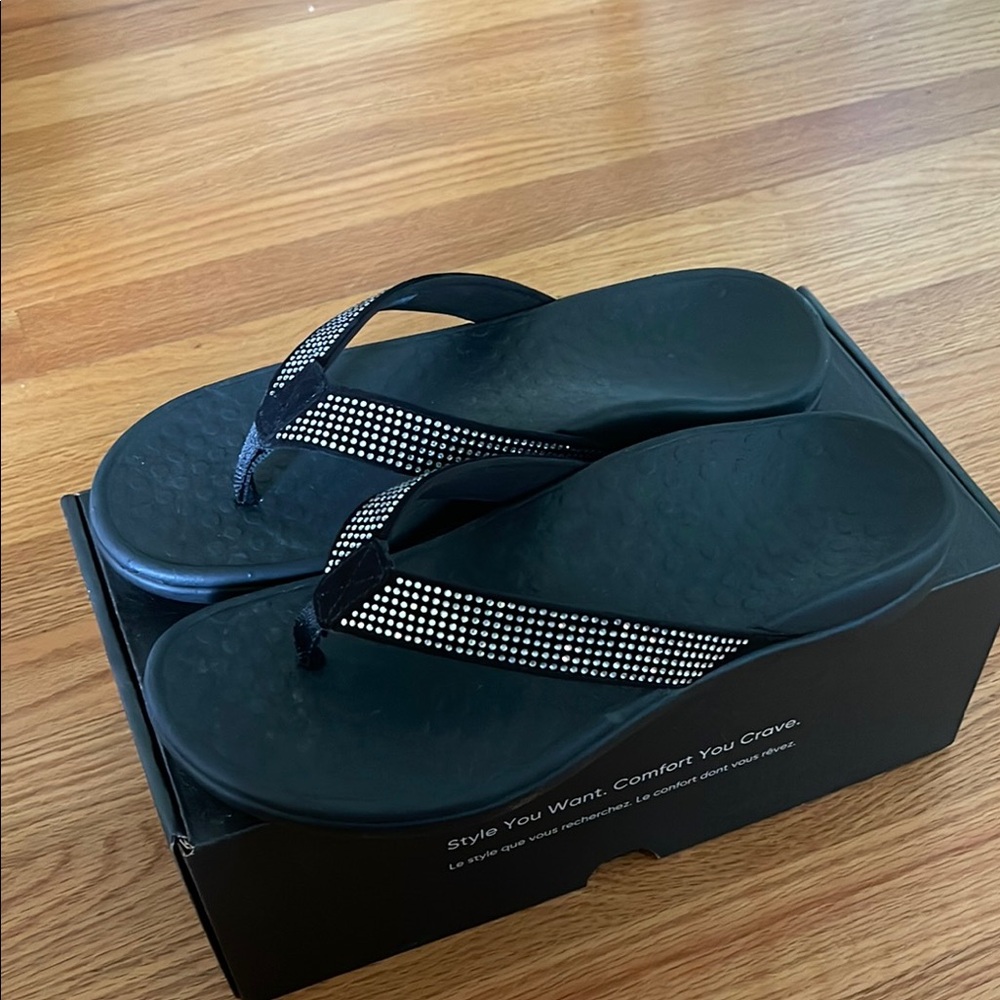 Women's Black Rhinestone Flip Flops